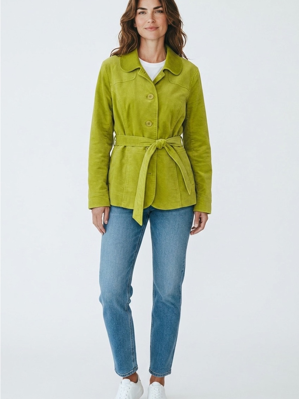 L.L.Bean Womens Large Green Belted Cotton Jacket Button Front Lined Coat